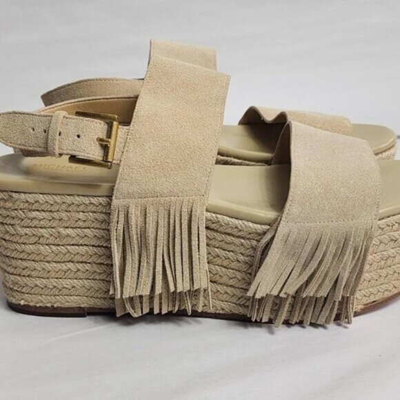 Michael Kors Hana Suede Boho Fringe Espadrille Platform Wedge Sandals Tan 9.5 - Picture 2 of 5